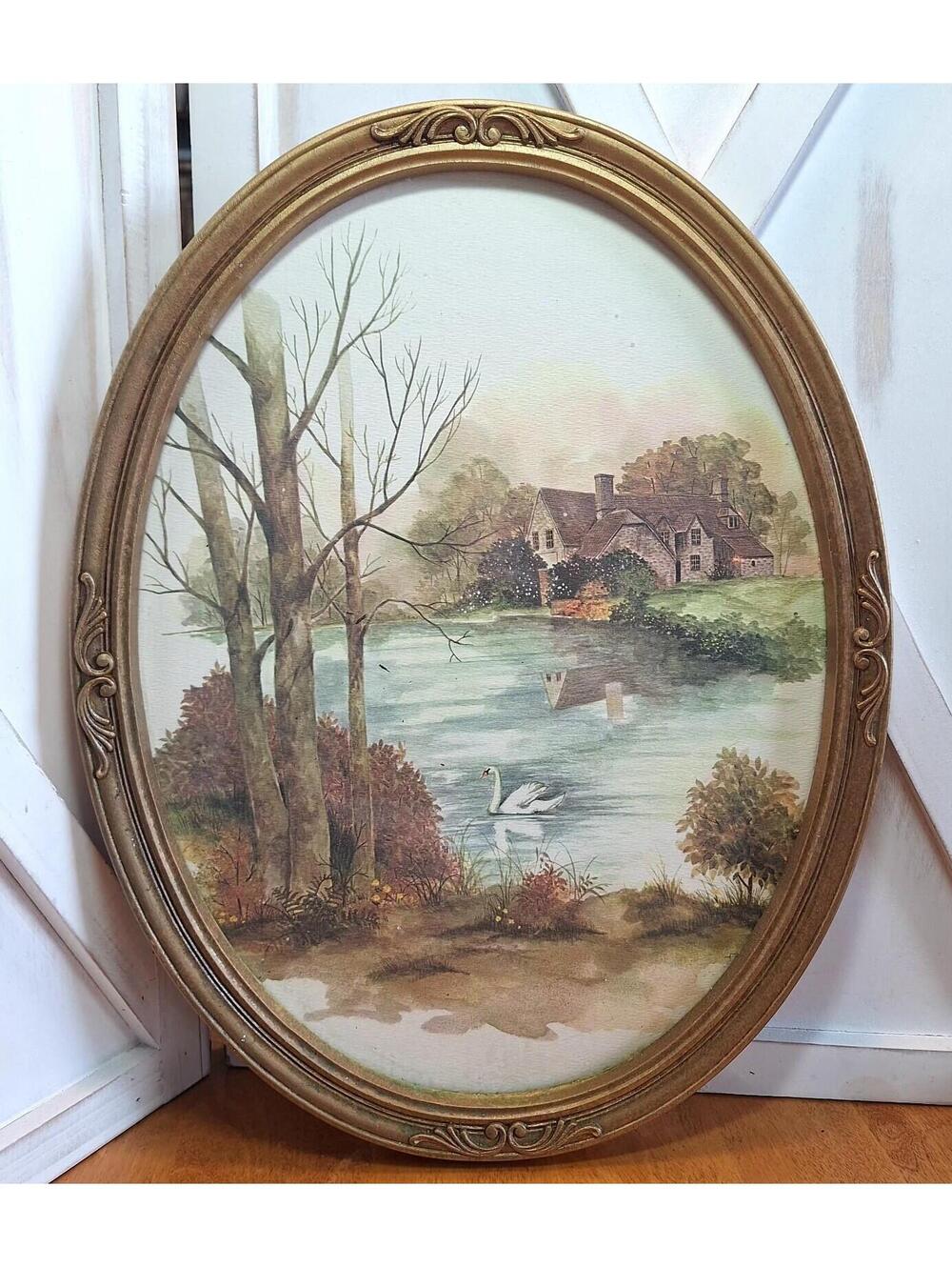 HOMCO Oval Swan Pond Cottage Print Gold Tone Frame 17X13 VTG